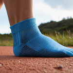 A close-up of supportive running socks snugly fitted around ankles, emphasizing stability. The socks showcase moisture-wicking fabric detail and strategic cushioning, conveying protection against injury and comfort for running.