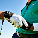 A professional male golfer, fully clothed in modest, appropriate golf attire, precisely holding a golf club on a pristine, sunlit golf course. The focus is on his hands, perfectly fitted with a high-quality Cabretta leather golf glove, showcasing its supple texture and ergonomic design. The background features lush green fairways under a clear blue sky, evoking a sense of calm and precision. safe for work, appropriate content, professional, perfect anatomy, correct proportions, well-formed hands, proper finger count, natural body proportions, natural pose, professional photography, high quality, ultra detailed.